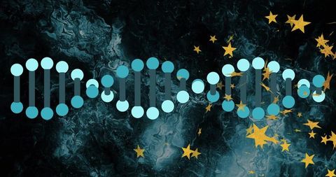 Displaying stylized dna helix with turquoise nodes on teal-black marble with gold stars
