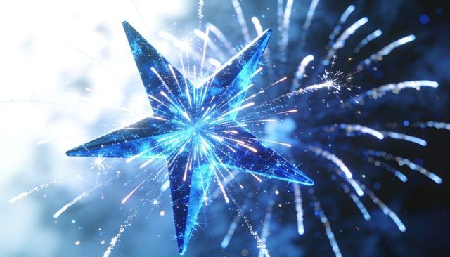 Glowing blue faceted star ornament shining with radiant firework sparks and prism glow