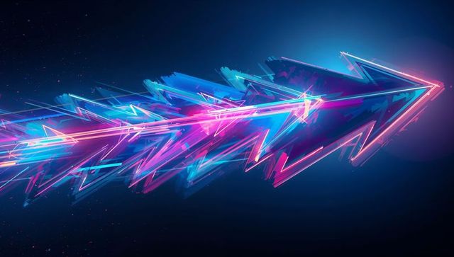 Dynamic neon arrows moving in a futuristic void