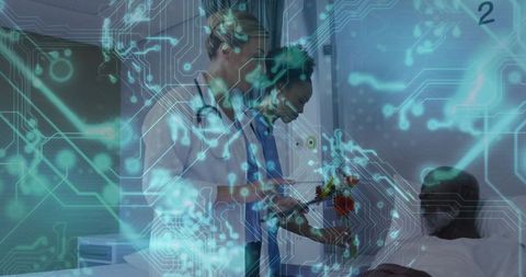 Doctors Conducting Clinical Consultation in Futuristic Hospital Room