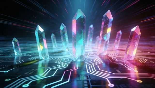 Glowing holographic crystal prisms rising on neon circuit board for futuristic tech