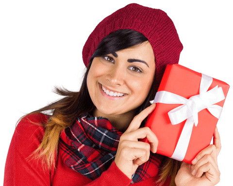 Smiling Woman in Red Hat Holding Transparent Gift Box