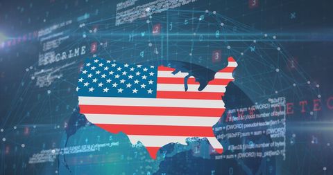 USA Digital Map with Cybersecurity and National Flag Overlay