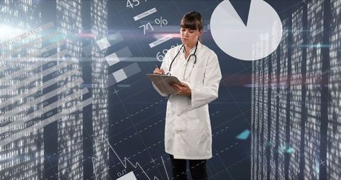 Doctor Analyzing Medical Data Amidst Digital Financial Background