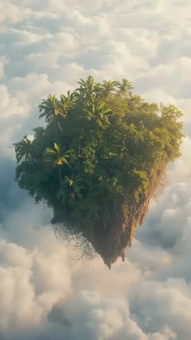 Approaching floating triangular island over clouds at sunrise revealing palm canopy and roots