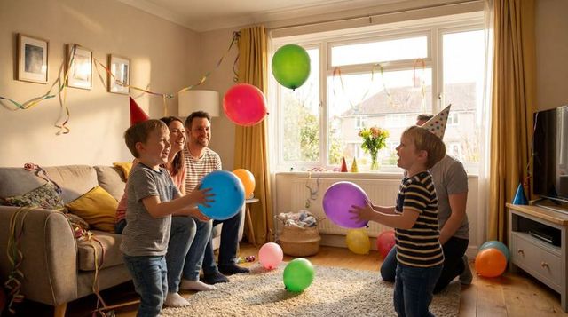 Family of four celebrating birthday at home with colorful balloons and party hats