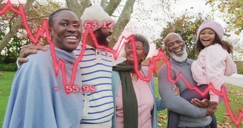Multigenerational family laughing in autumn park with red financial graph overlay