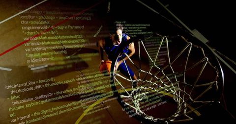 Leaping basketball player holding ball approaching rim with code projection overlay