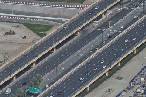 Aerial View of Busy Urban Highway Intersection