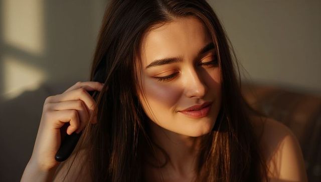 Brushing long brown hair in warm windowlight, serene young woman portrait for beauty