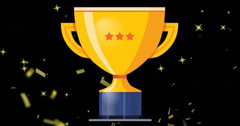 Golden trophy with falling confetti on black background