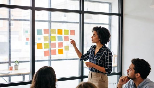 Black female leader presenting sticky notes on glass for creative team brainstorming