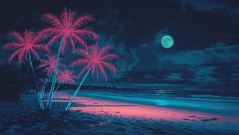 Glowing Neon Palm Cluster Leaning Toward Sea on Moonlit Beach, Cyan Magenta Nightscape