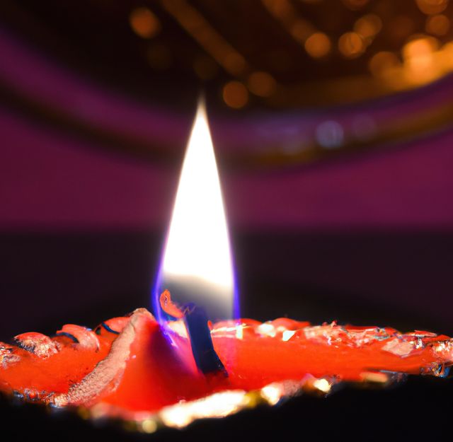 Image of close up of traditional lit indian candle on dark background. Indian tradition, light and celebration concept.