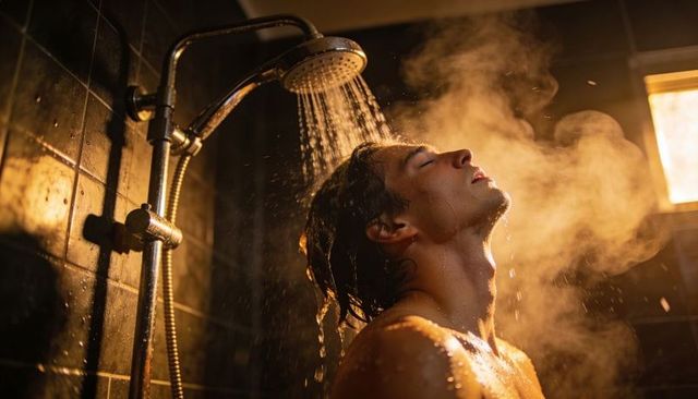 Young man enjoying warm steam shower backlit intimate moment in moody tile bathroom