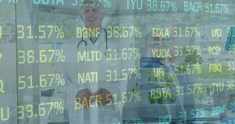 Doctor Analyzing Digital Data with Medical and Financial Numbers