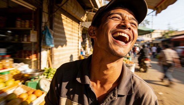 Laughing market vendor selling citrus on sunlit urban street market, energetic portrait