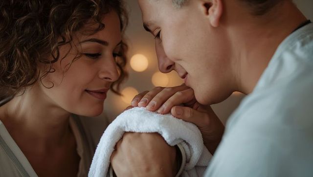 Couple sharing tender moment holding soft towel closeup warm romantic indoor cozy glow