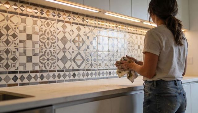 Female-presenting renovator wringing cloth at kitchen counter with patterned tile backsplash