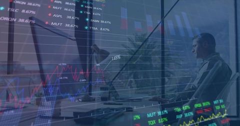 Businessman Analyzing Financial Data in Modern Office with Overlapping Graphs