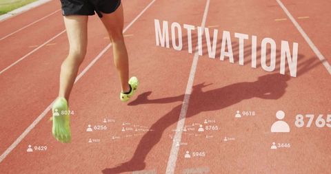 Motivation sprint on track showing runner legs, neon shoes, shadow and follower icons