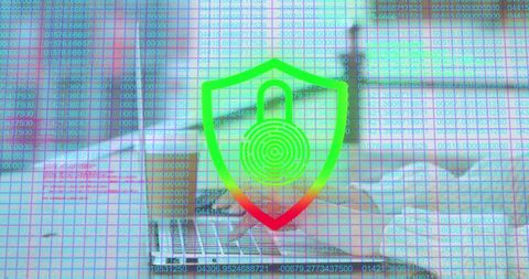Cyber Security Concept with Shield Lock Overlay on Data Matrix Screen