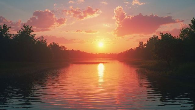 Serene Lake Sunset with Glowing Reflections and Silhouetted Trees