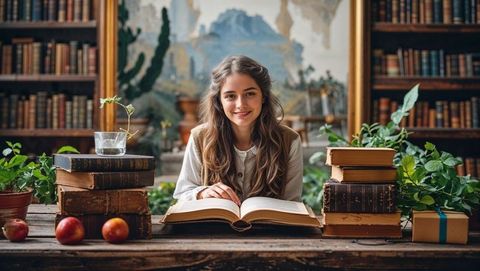 Teenage girl immersed in book at vintage library table