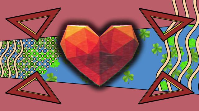 Animation showing geometric red heart with spinning triangles over a clover-filled background. Ideal for Valentine's Day promotions, digital art projects, festive greetings, and creative abstract designs.