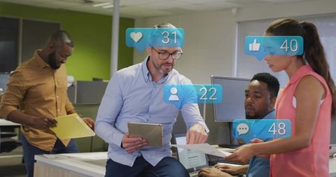 Collaborative team reviewing documents in modern office with social overlays