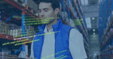 Warehouse clerk checking inventory on tablet with code overlay, logistics analytics
