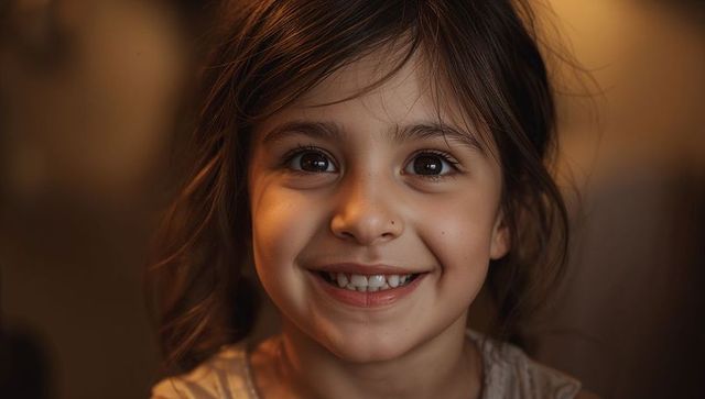 Warm cozy closeup portrait of smiling young girl with nose stud, tousled hair, soft bokeh