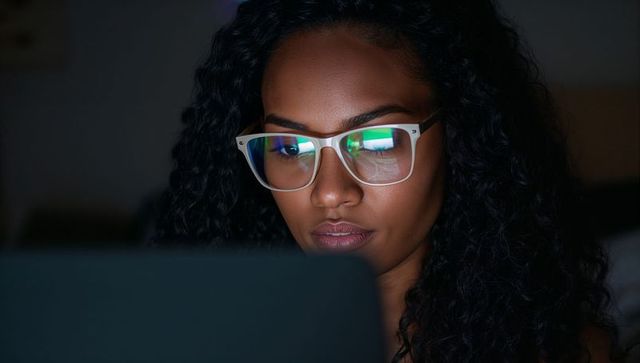 Young woman working late on laptop with glasses reflecting blue screen glow and focused expression