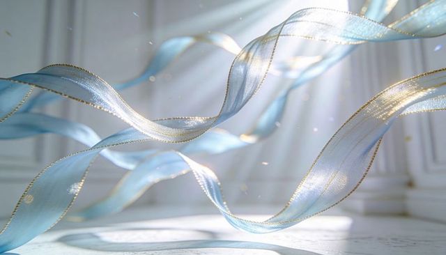 Swaying translucent blue ribbons flowing through sunlit room with gold edging