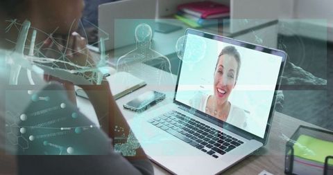 Man Participating in Virtual Meeting with Technological Overlays in Workplace