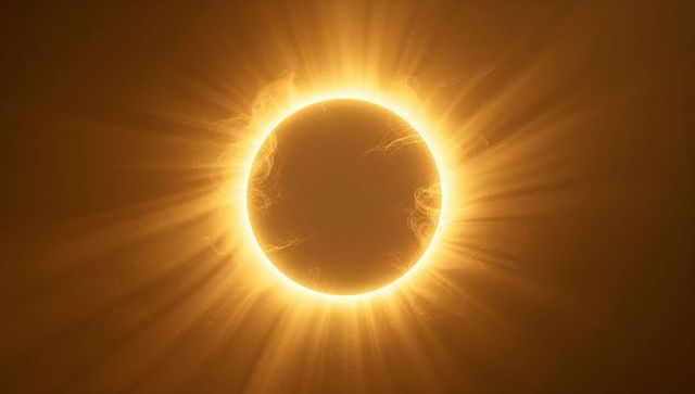 Total solar eclipse revealing golden corona with fiery filaments around moon silhouette