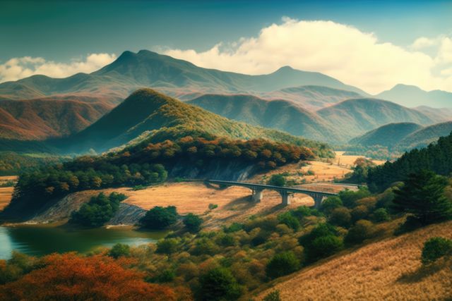 Landscape, clouds over hills and bridge, created using ai technology - Download Free Stock Photos Pikwizard.com