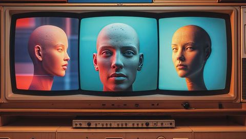 3d-rendered mannequin head with triple screen and analog console, talking heads concept