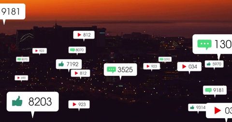 Floating Social Media Engagement Bubbles Over City Skyline at Dusk