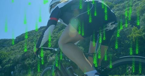 Cyclist Climbing Mountain with Digital Overlay Symbolizing Innovation
