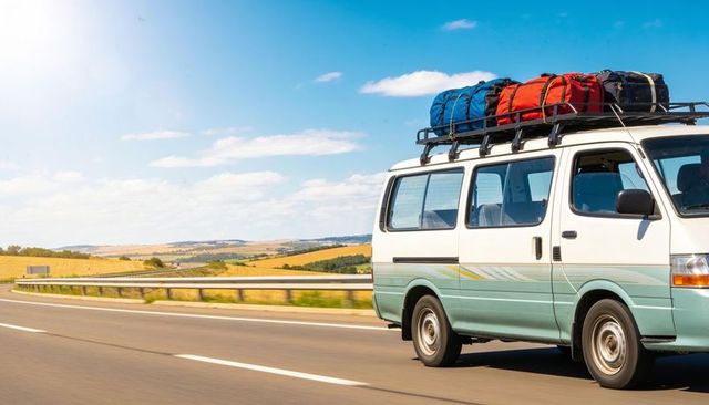 Light blue van cruising sunlit countryside highway with rooftop luggage for road trips