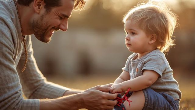 Father fastening toddler sneaker during golden hour outdoor bonding moment in backyard