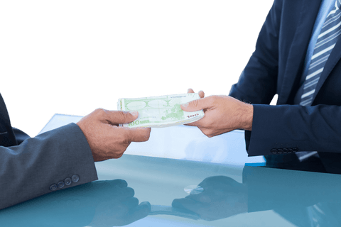 Transparent businessmen exchanging euros at office desk