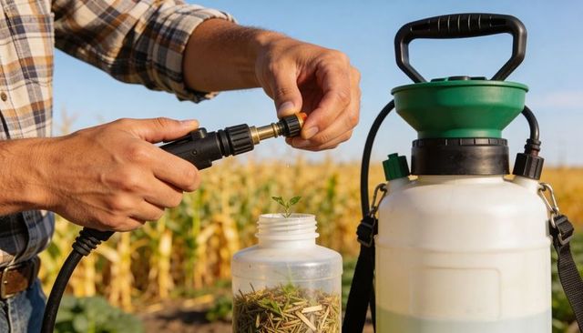 Farmer attaching brass nozzle to pump sprayer beside cornfield with seedling jar, rural