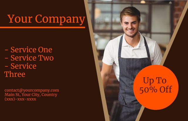 Happy employee wearing apron standing with confident smile, next to discount bubble highlighting up to 50% off. Flyer template listing services with company contact details in modern layout. Suitable for promoting business services, special offers, increasing customer satisfaction, or for social media advertising. Ideal for small businesses, service industries, restaurants, or cafes.