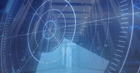 Futuristic digital hud overlaying data center aisle with server racks and glass door
