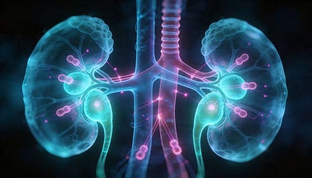 Glowing bioluminescent kidneys highlighting nephrons and renal vasculature network