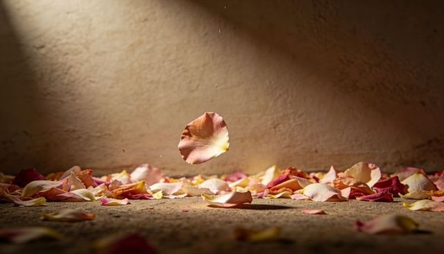 Single rose petal floating above concrete floor strewn with pastel petals and warm light