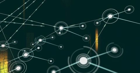 Glowing network hub connecting nodes across holographic teal grid for digital strategy