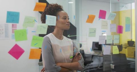 Businesswoman Planning Strategy with Colorful Sticky Notes on Glass Wall Collaboration Team